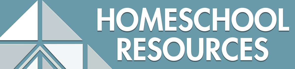 Teal background with white text saying 'Homeschool Resources' next to a geometric triangle design. Clean and informative tone.